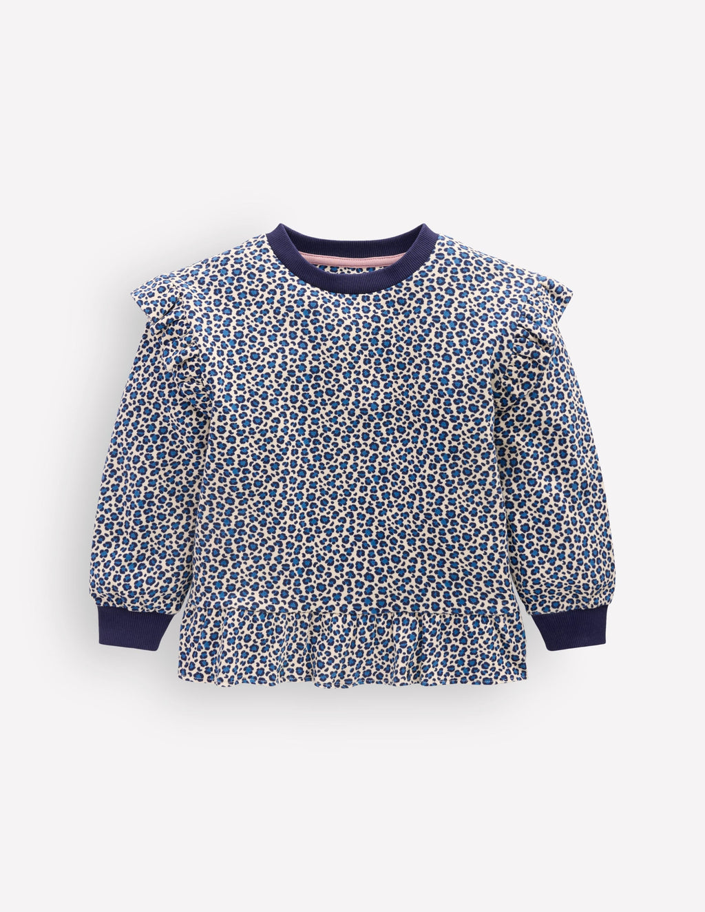 Pretty Frill Sweatshirt-Calico White/ Blue Leopard