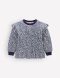 Pretty Frill Sweatshirt-Calico White/ Blue Leopard