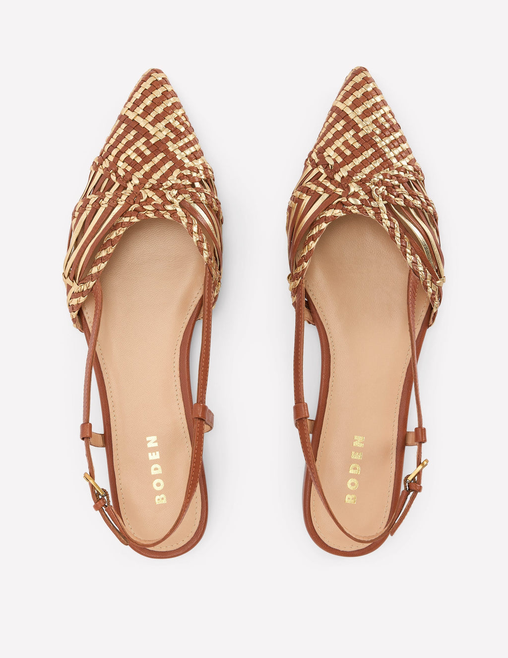 Woven Detail Pointed Flat-Tan/ Gold