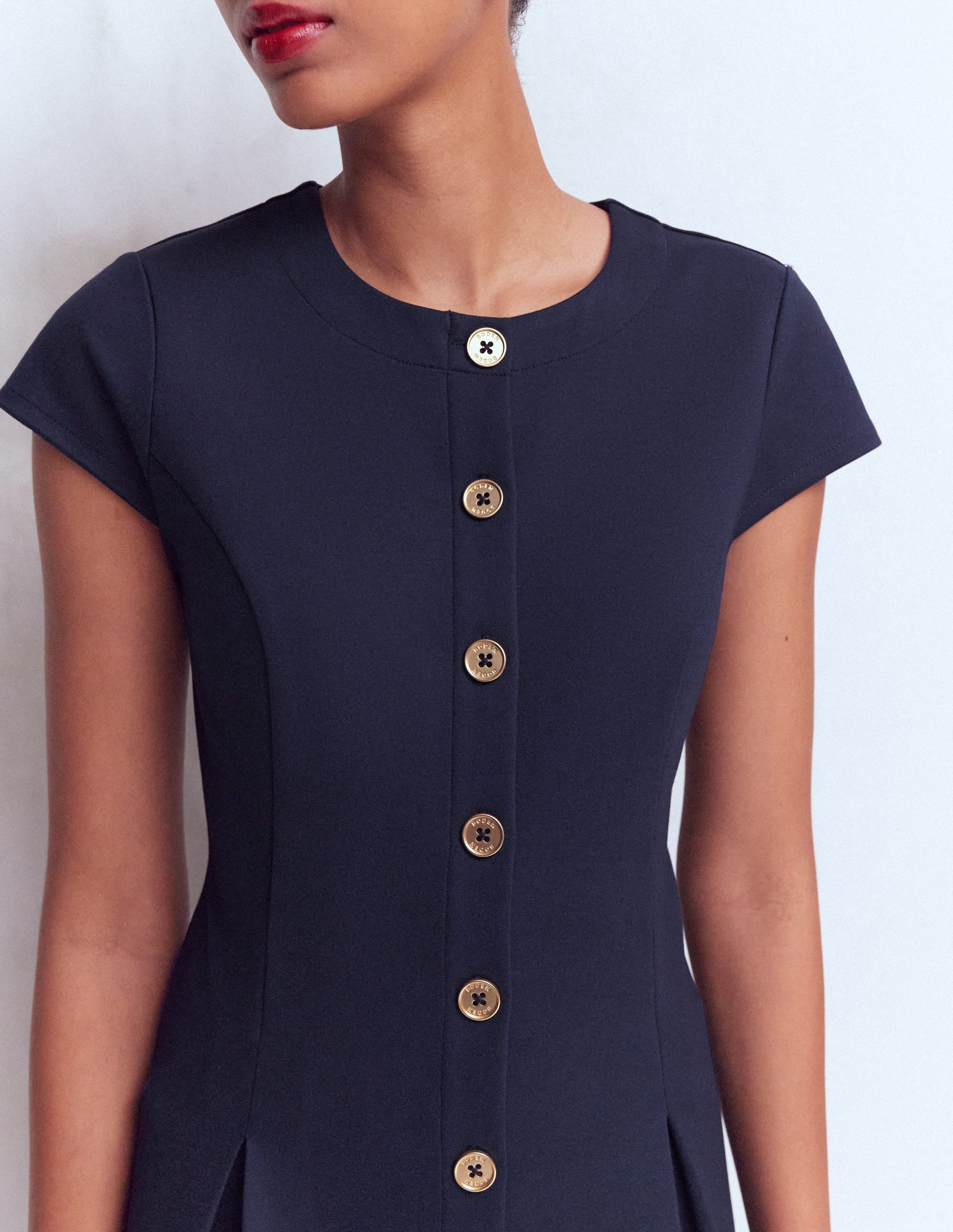 Short Pleated Button Dress-Navy