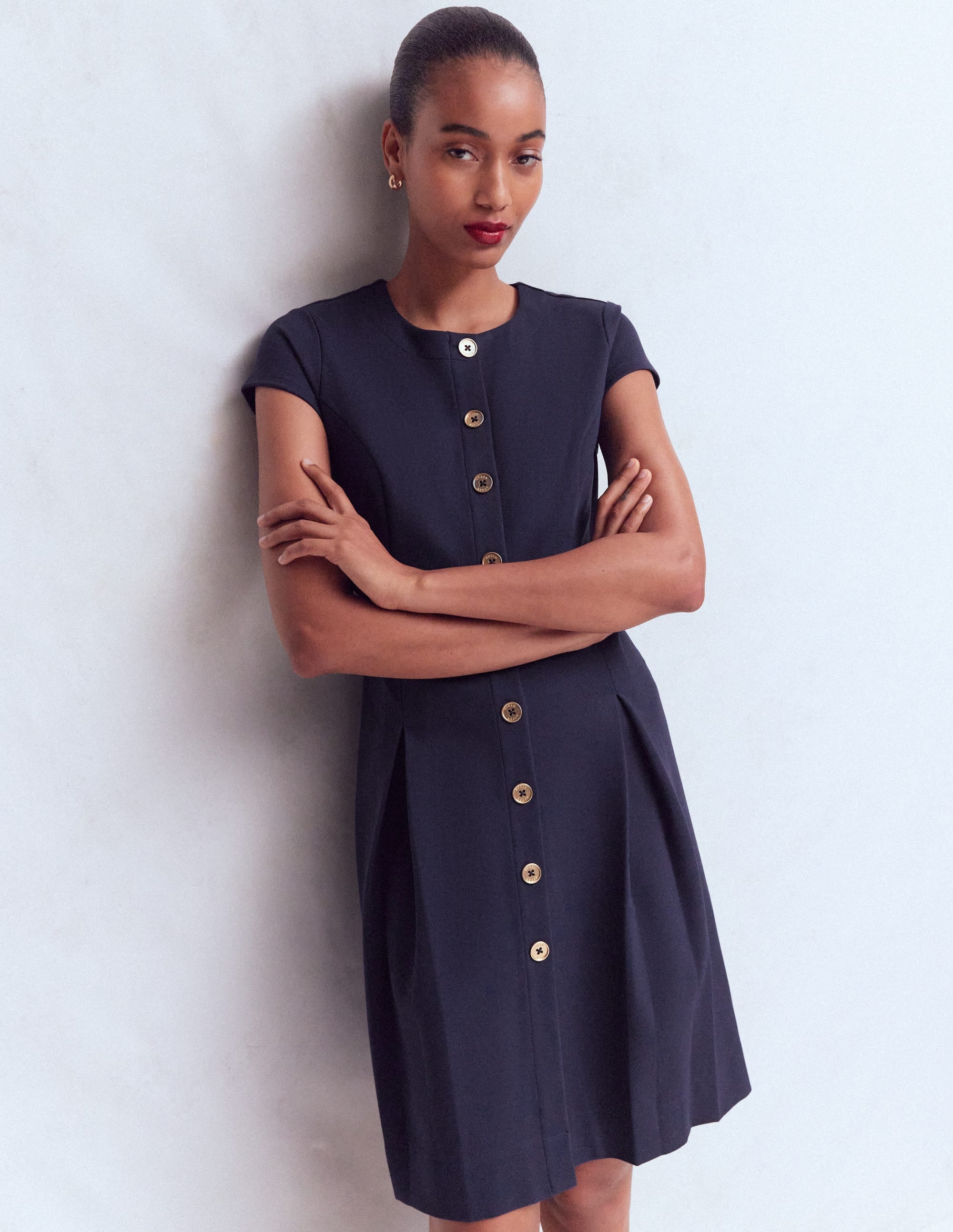 Short Pleated Button Dress-Navy