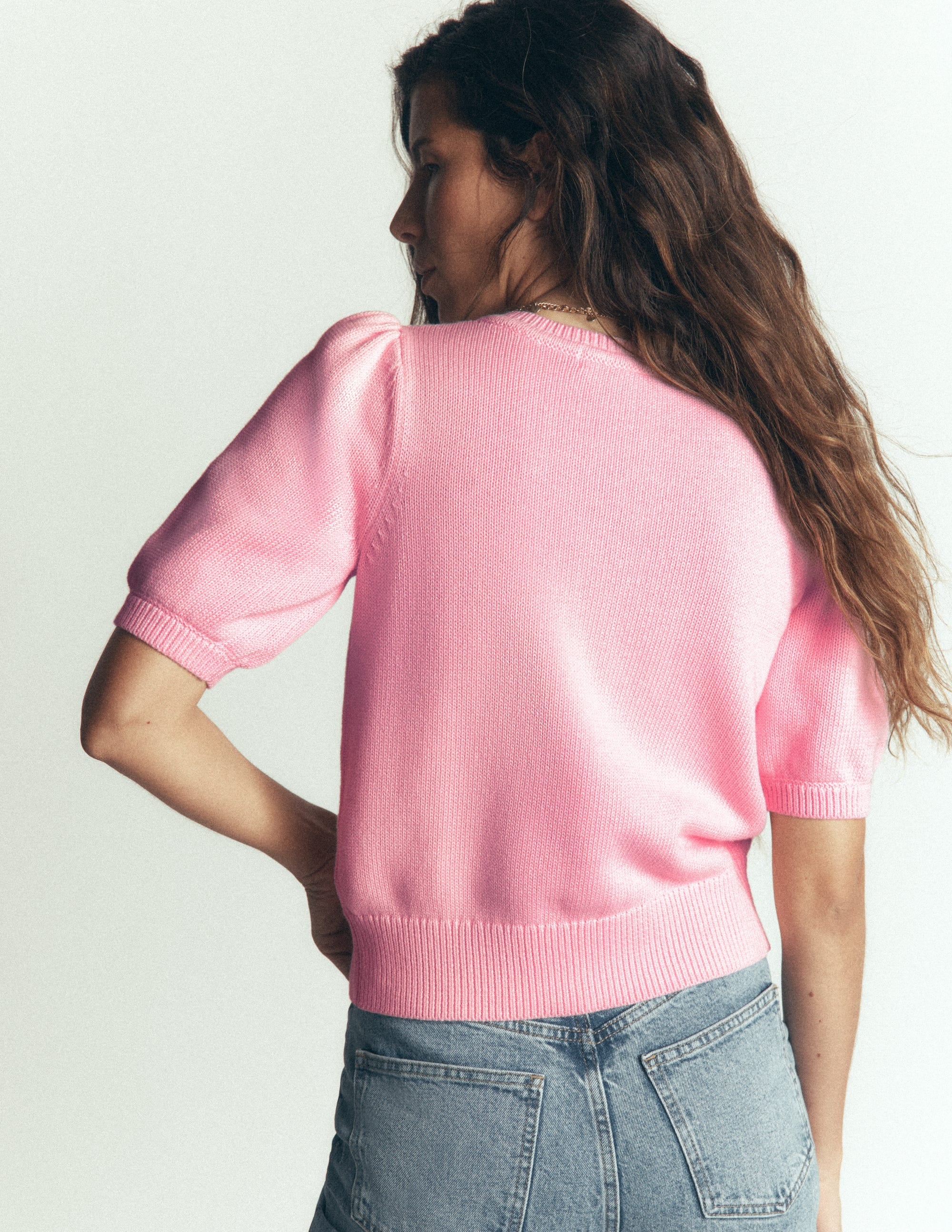 Puff Sleeve Cotton Cardigan-Orchid Pink, Embroidered