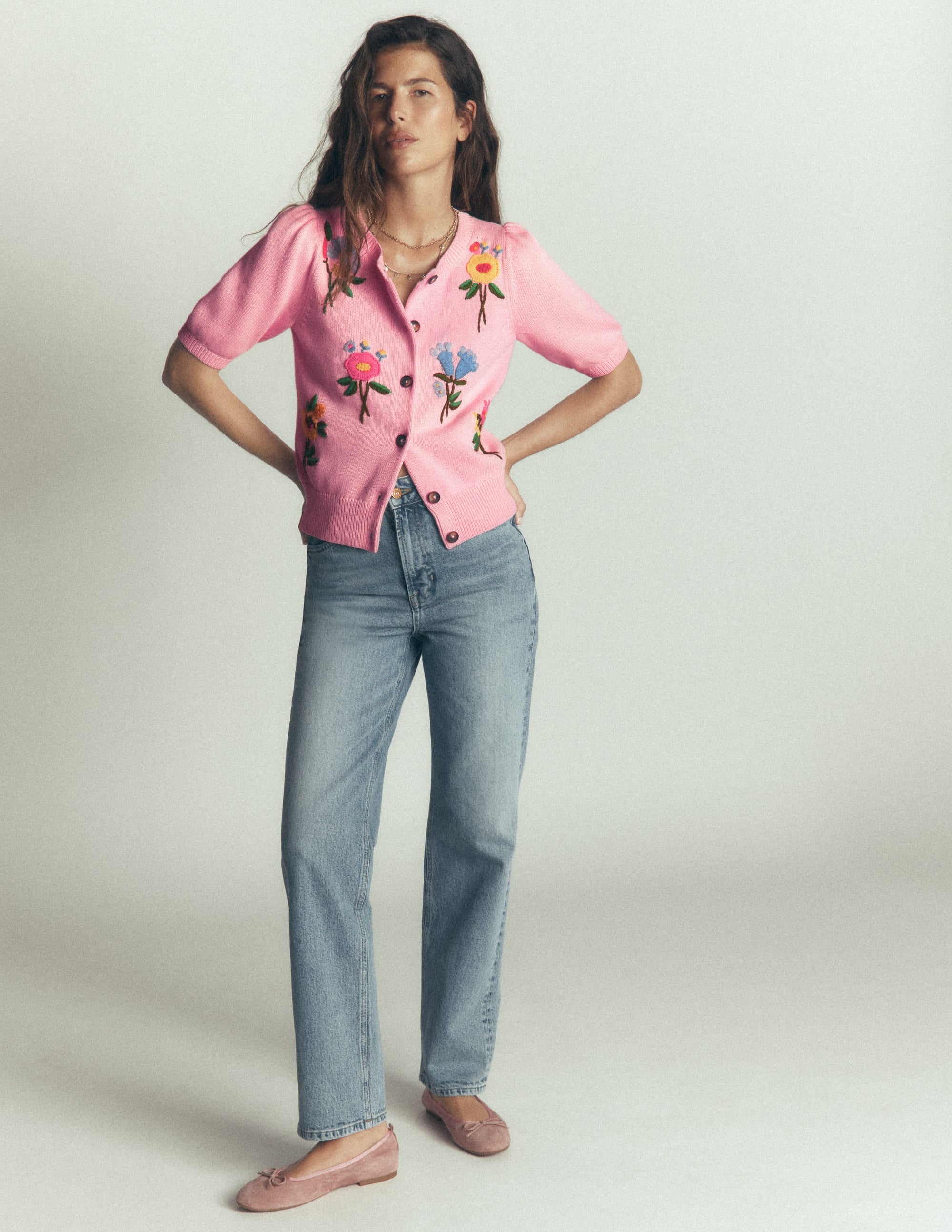 Puff Sleeve Cotton Cardigan-Orchid Pink, Embroidered