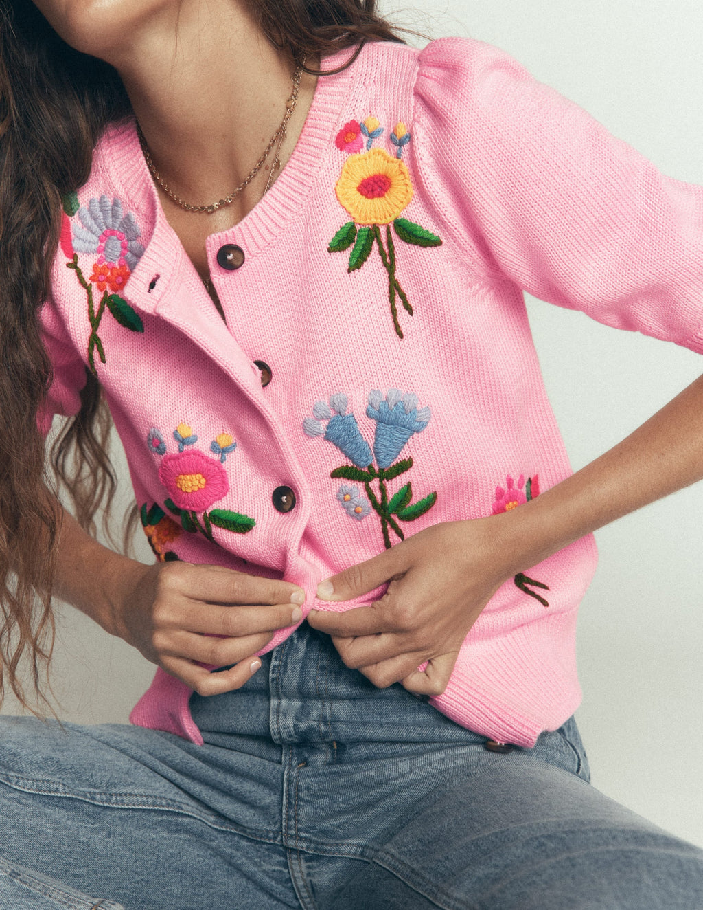 Puff Sleeve Cotton Cardigan-Orchid Pink, Embroidered