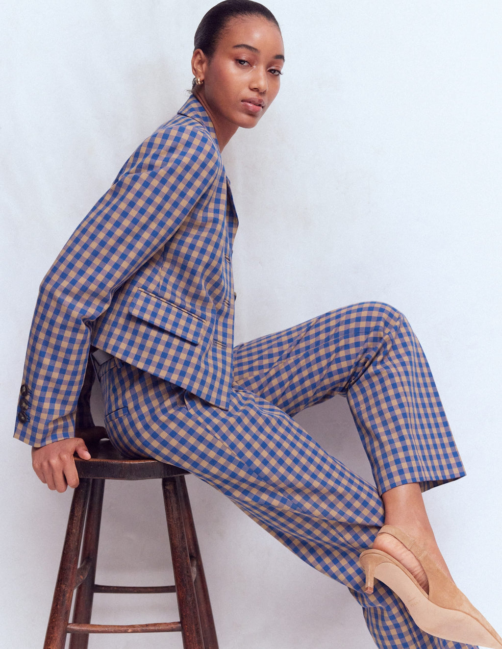 Canonbury 7/8 Pants-Camel, Blue Gingham