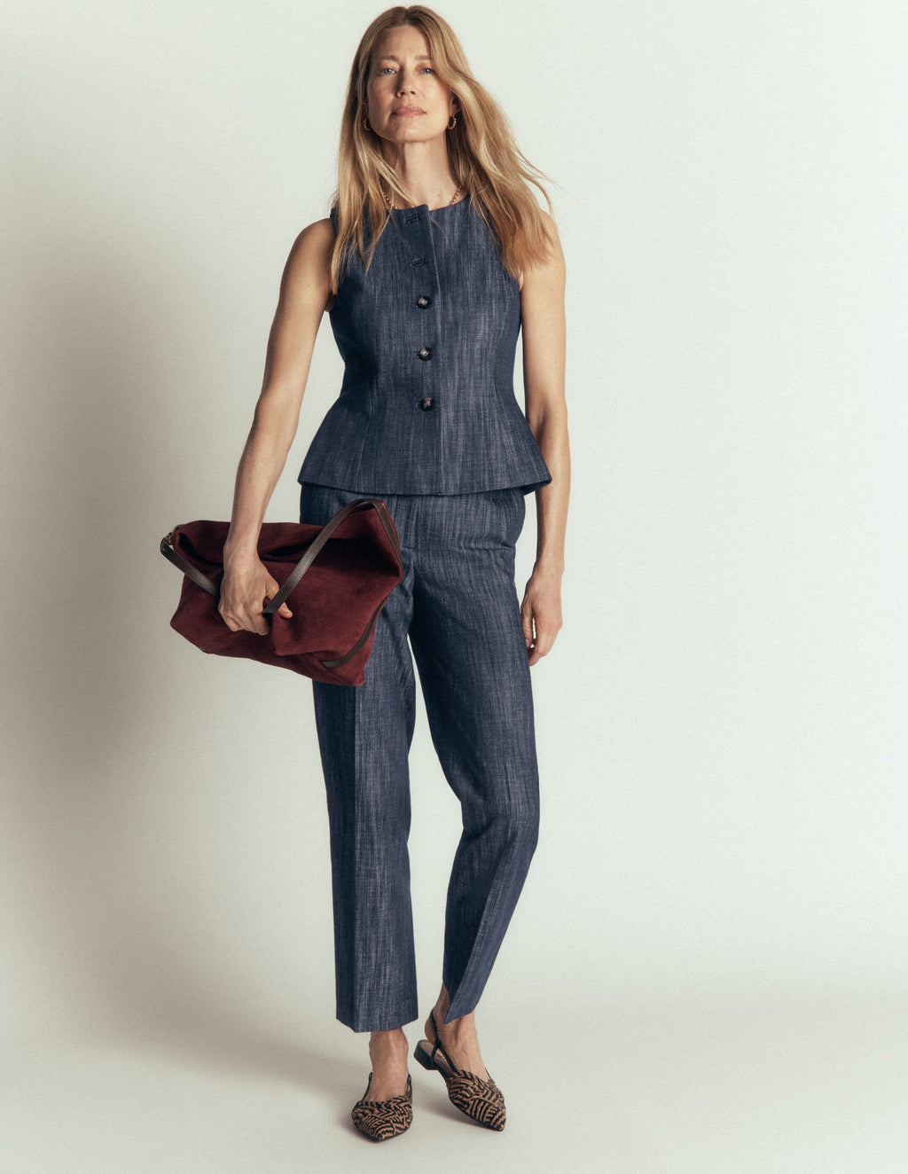 Denim Peplum Waistcoat-Indigo